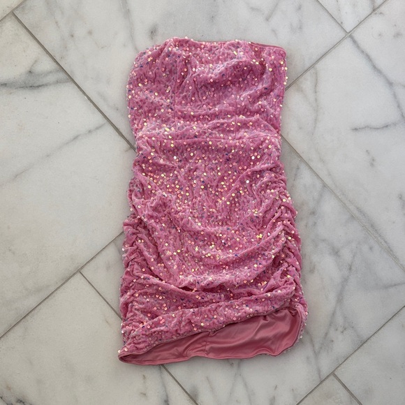 SHEIN Dresses & Skirts - SHEIN Pink Sequin Ruched Mini Dress